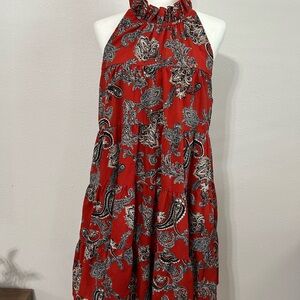 Entro Women’s Large Paisley Dress Babydoll Halter Boho Red Tie In the back